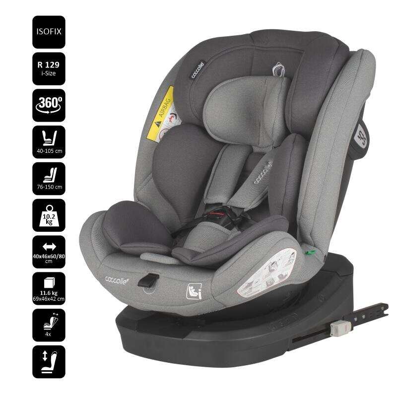 COCCOLLE Scaun auto cu Isofix Nyota Moonlit Grey 40-150 cm i-Size 4 pozitii inclinare Rotire 360 cu o singura mana Tetiera reglabila Husa detasabila Sistem antibasculare Top Tether Pozitie somn 0-12 ani