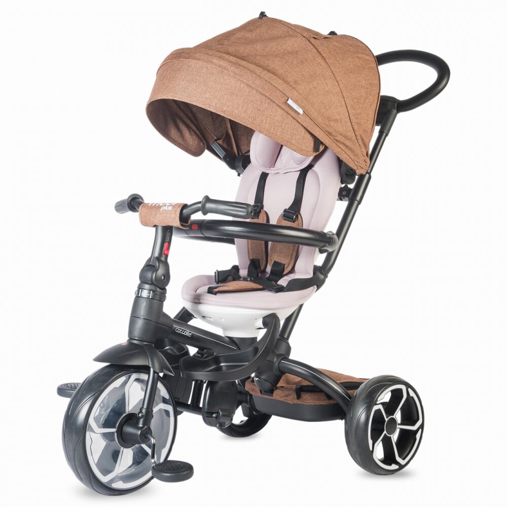 COCCOLLE Tricicleta pentru copii Modi+ Maro multifunctionala spatar cu pozitie de somn sezut reversibil suport pentru picioare ghidon rabatabil