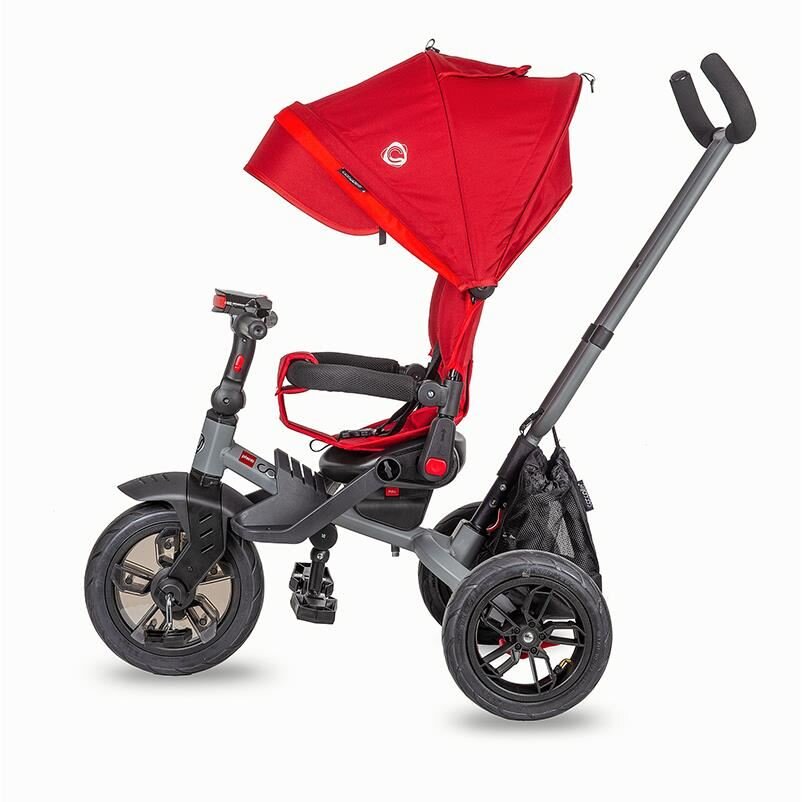 COCCOLLE Tricicleta pentru copii Pianti Ruby Red multifunctionala cu roti din cauciuc gonflabil sezut moale si ajustabil cu sistem de rotire 360 grade 2 tipuri de suporti de picioare si saculet jucarii