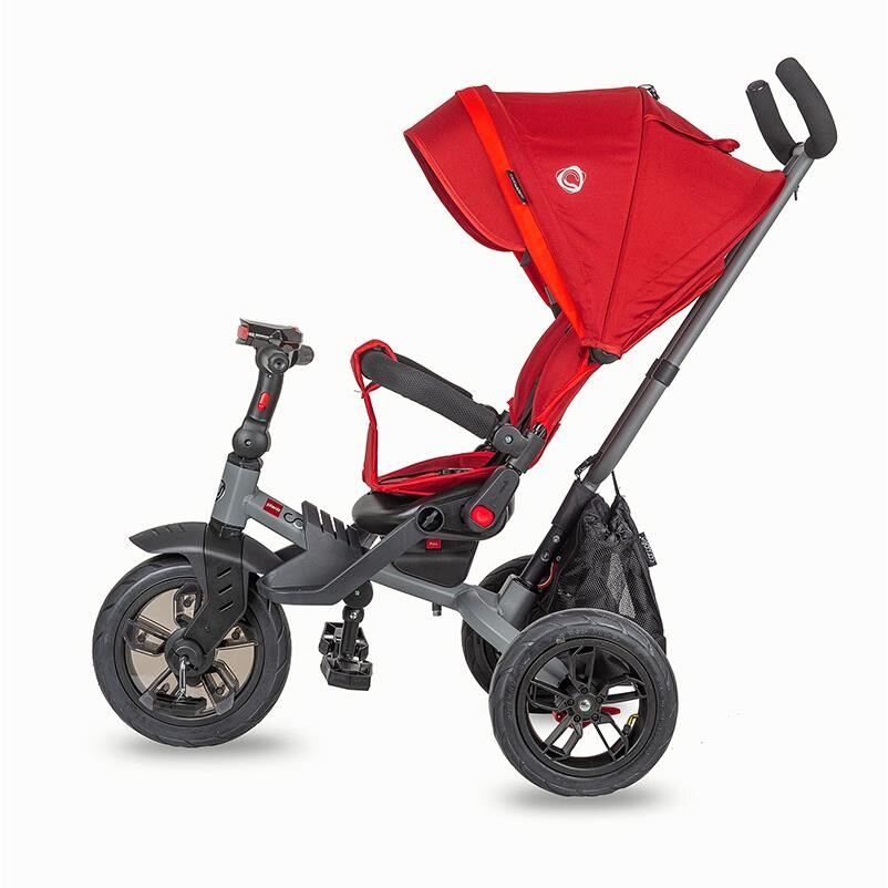 COCCOLLE Tricicleta pentru copii Pianti Ruby Red multifunctionala cu roti din cauciuc gonflabil sezut moale si ajustabil cu sistem de rotire 360 grade 2 tipuri de suporti de picioare si saculet jucarii
