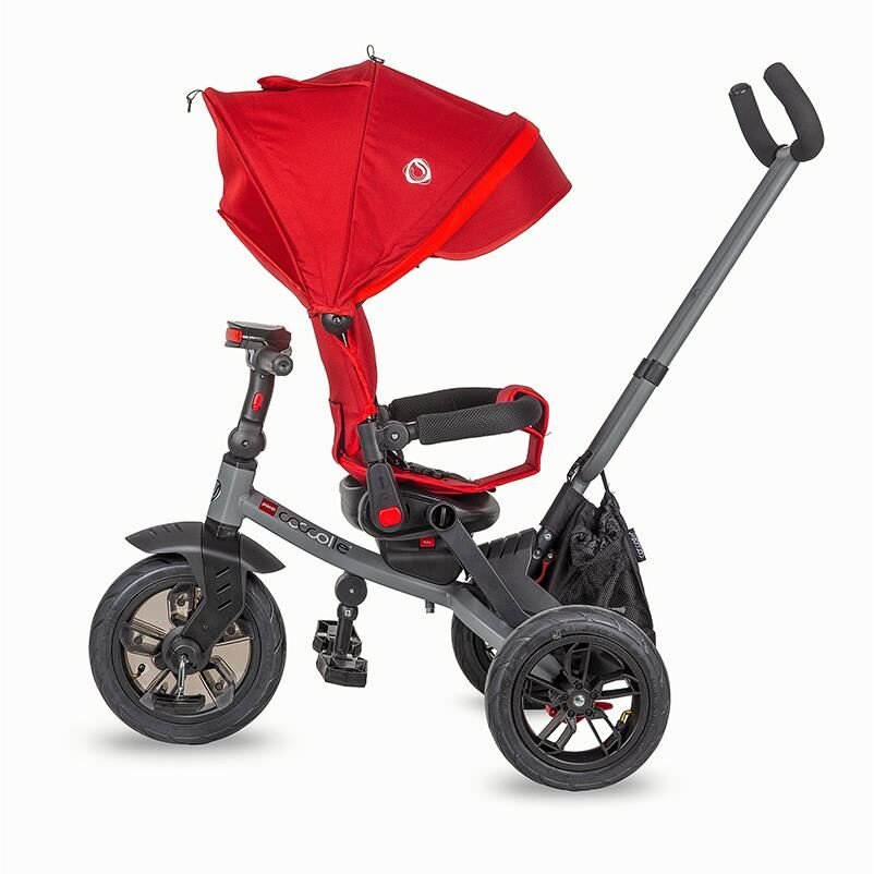 COCCOLLE Tricicleta pentru copii Pianti Ruby Red multifunctionala cu roti din cauciuc gonflabil sezut moale si ajustabil cu sistem de rotire 360 grade 2 tipuri de suporti de picioare si saculet jucarii