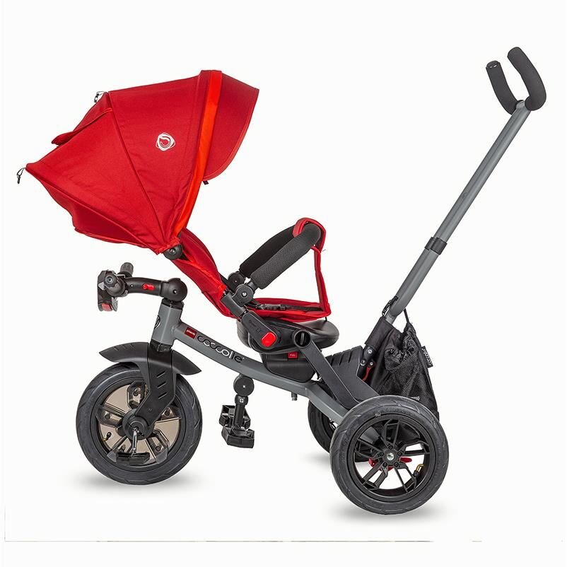 COCCOLLE Tricicleta pentru copii Pianti Ruby Red multifunctionala cu roti din cauciuc gonflabil sezut moale si ajustabil cu sistem de rotire 360 grade 2 tipuri de suporti de picioare si saculet jucarii