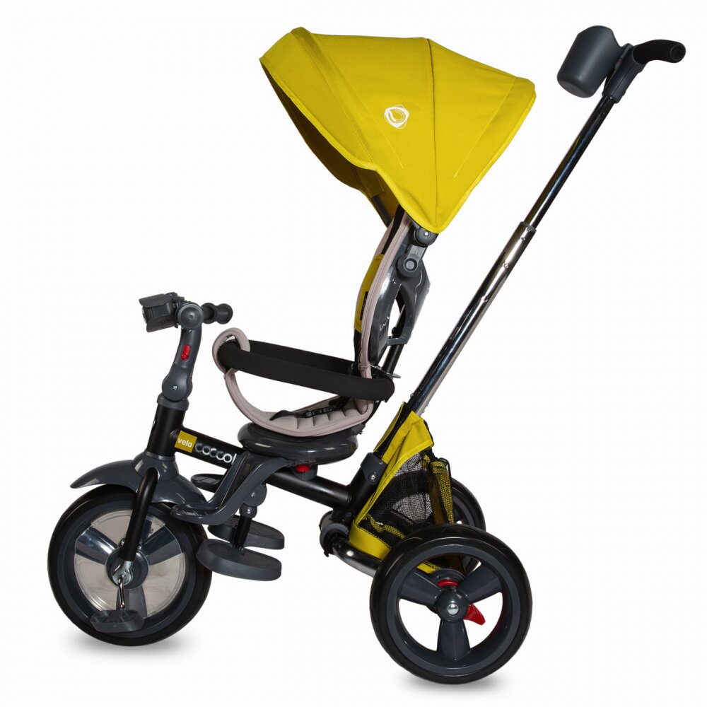COCCOLLE Tricicleta pentru copii Velo Mustar 4 in 1 multifunctionala pliabila sezut reversibil de la 9 luni spatar reglabil pozitie somn suport picioare