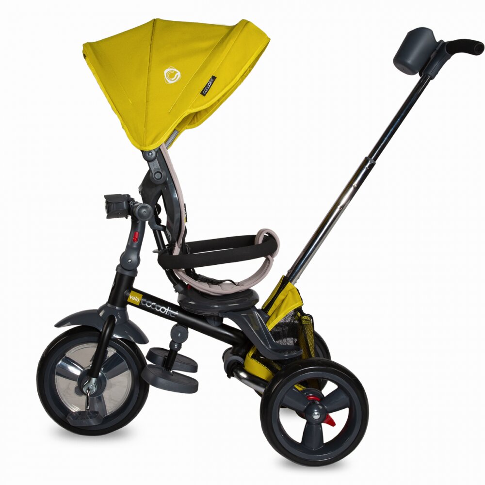 COCCOLLE Tricicleta pentru copii Velo Mustar 4 in 1 multifunctionala pliabila sezut reversibil de la 9 luni spatar reglabil pozitie somn suport picioare