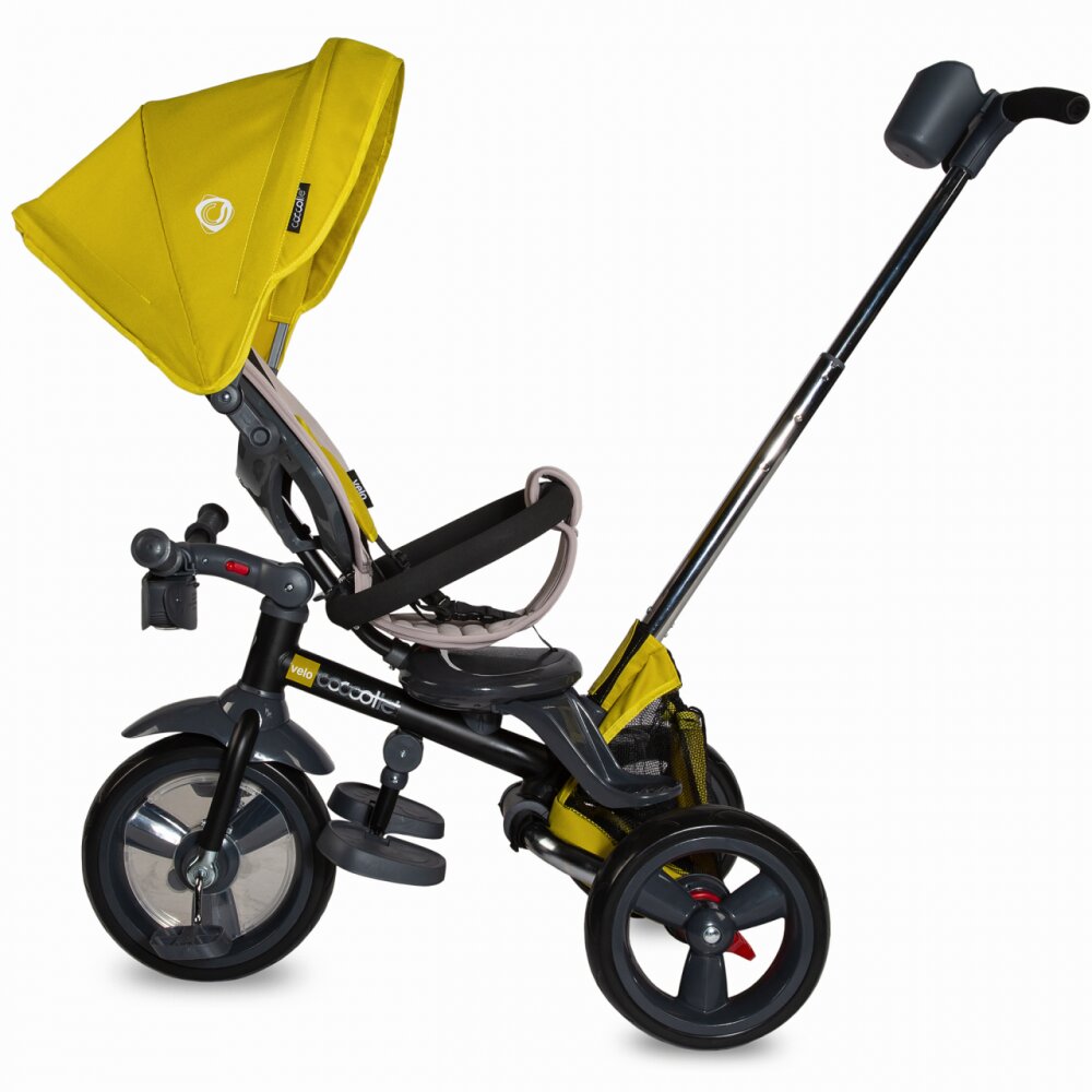 COCCOLLE Tricicleta pentru copii Velo Mustar 4 in 1 multifunctionala pliabila sezut reversibil de la 9 luni spatar reglabil pozitie somn suport picioare
