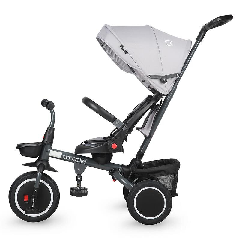 COCCOLLE Tricicleta pentru copii Venti Greystone multifunctionala cu spatar ajustabil cu pozitie de somn sezut rotativ 360 grade roti de cauciuc 2 seturi de suporti de picioare de la 10 luni pana la 25 kg