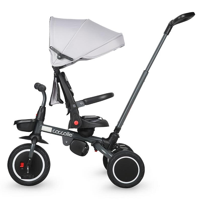 COCCOLLE Tricicleta pentru copii Venti Greystone multifunctionala cu spatar ajustabil cu pozitie de somn sezut rotativ 360 grade roti de cauciuc 2 seturi de suporti de picioare de la 10 luni pana la 25 kg