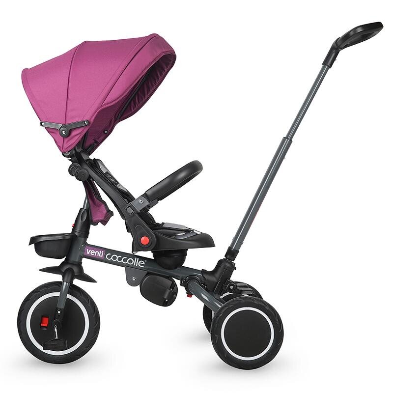 COCCOLLE Tricicleta pentru copii Venti Magenta multifunctionala cu spatar ajustabil cu pozitie de somn sezut rotativ 360 grade roti de cauciuc 2 seturi de suporti de picioare de la 10 luni pana la 25 kg