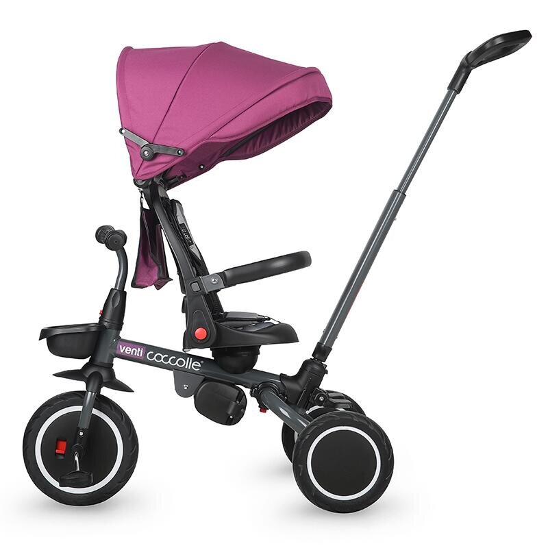 COCCOLLE Tricicleta pentru copii Venti Magenta multifunctionala cu spatar ajustabil cu pozitie de somn sezut rotativ 360 grade roti de cauciuc 2 seturi de suporti de picioare de la 10 luni pana la 25 kg