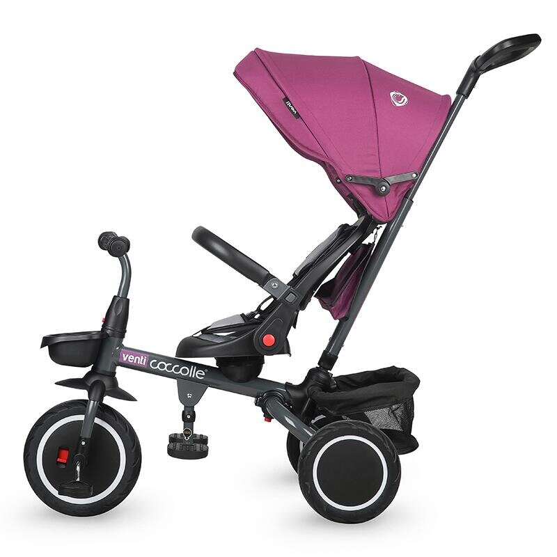 COCCOLLE Tricicleta pentru copii Venti Magenta multifunctionala cu spatar ajustabil cu pozitie de somn sezut rotativ 360 grade roti de cauciuc 2 seturi de suporti de picioare de la 10 luni pana la 25 kg