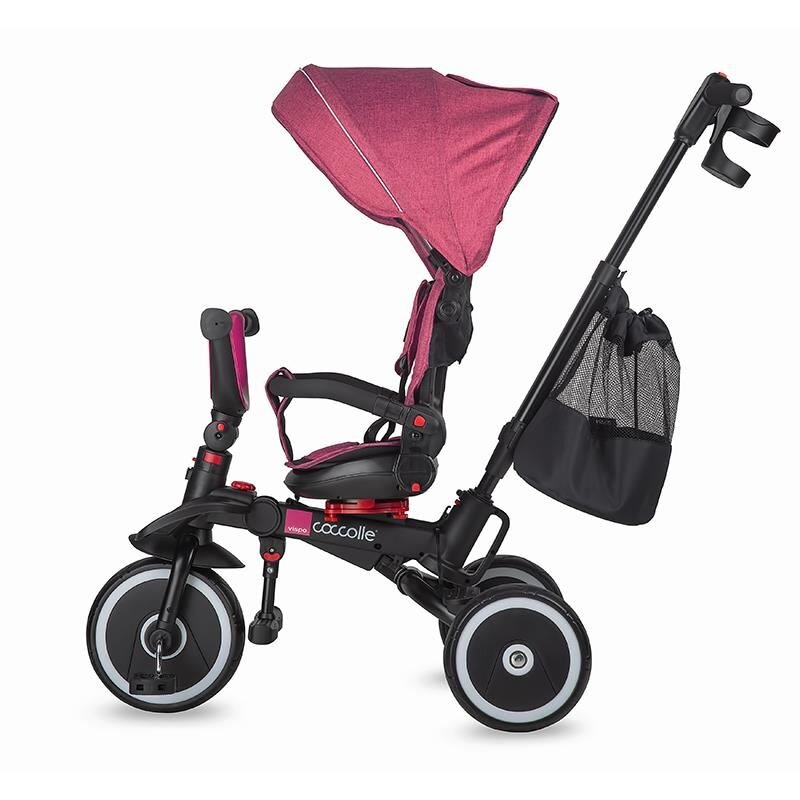 COCCOLLE Tricicleta pentru copii Vispo Magenta multifunctionala pliabila scaun reversibil rotire 360 grade pozitie somn sistem roata libera 2 seturi suport de picioare si cadru din aliaj de magneziu
