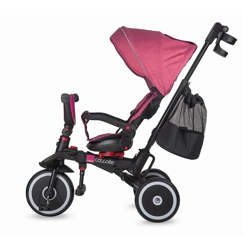 COCCOLLE Tricicleta pentru copii Vispo Magenta multifunctionala pliabila scaun reversibil rotire 360 grade pozitie somn sistem roata libera 2 seturi suport de picioare si cadru din aliaj de magneziu