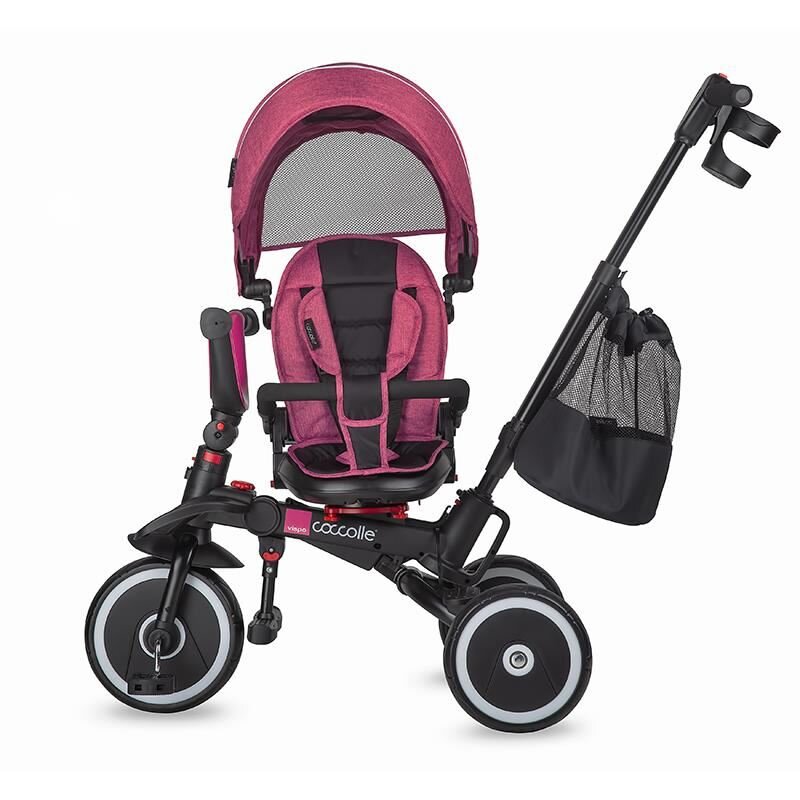 COCCOLLE Tricicleta pentru copii Vispo Magenta multifunctionala pliabila scaun reversibil rotire 360 grade pozitie somn sistem roata libera 2 seturi suport de picioare si cadru din aliaj de magneziu