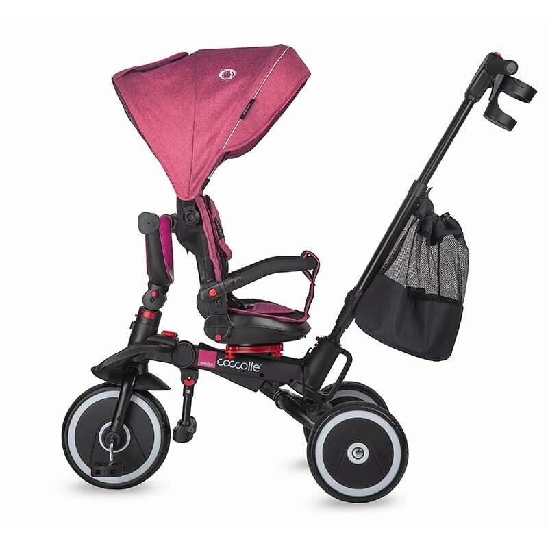 COCCOLLE Tricicleta pentru copii Vispo Magenta multifunctionala pliabila scaun reversibil rotire 360 grade pozitie somn sistem roata libera 2 seturi suport de picioare si cadru din aliaj de magneziu