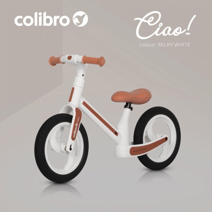 Colibro Bicicleta de echilibru pentru copii fara pedale pliabila cu scaunelul si ghidonul reglabile pe inaltime cu roti din cauciuc de 12 inch Ciao Milky White