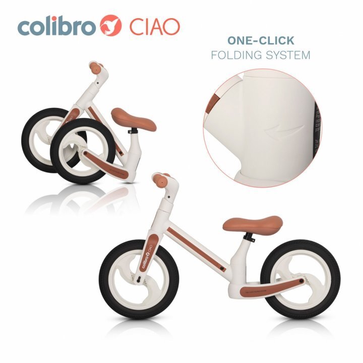 Colibro Bicicleta de echilibru pentru copii fara pedale pliabila cu scaunelul si ghidonul reglabile pe inaltime cu roti din cauciuc de 12 inch Ciao Milky White