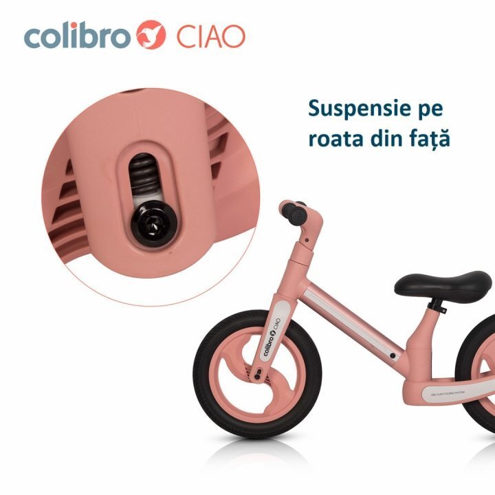 Colibro Bicicleta de echilibru pentru copii fara pedale pliabila cu scaunelul si ghidonul reglabile pe inaltime cu roti din cauciuc de 12 inch Ciao Rose Gold