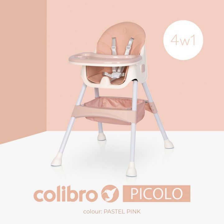Colibro Scaun de masa multifunctional 4 in 1 Pliabil cu Cos de depozitare cu ham de siguranta Tavita dubla detasabila 70 x 56 x 92 cm greutate 3.8 kg Picolo Crystal Pink