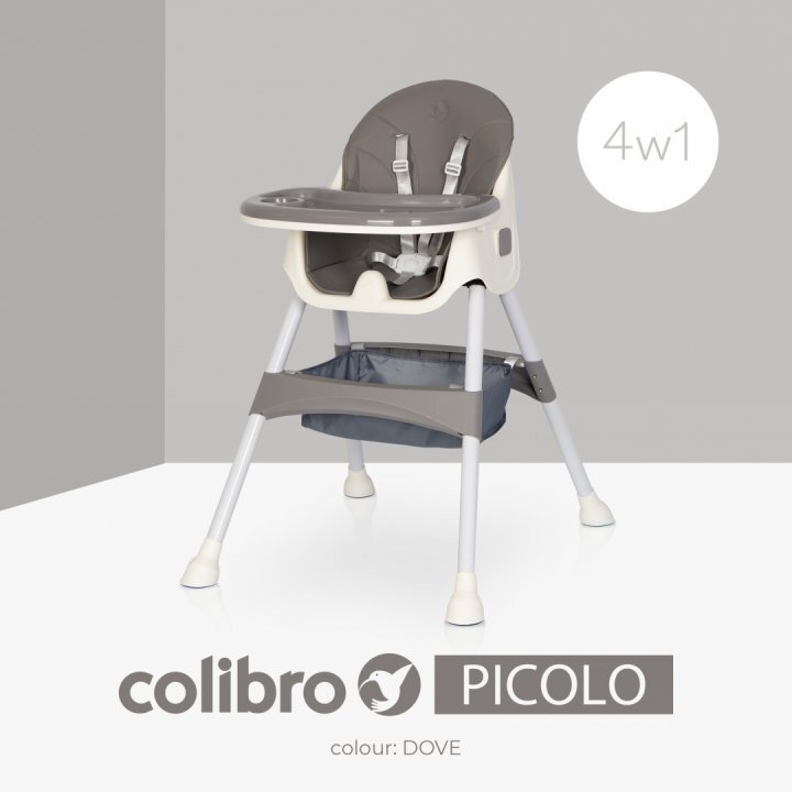 Colibro Scaun de masa multifunctional 4 in 1 Pliabil cu Cos de depozitare cu ham de siguranta Tavita dubla detasabila 70 x 56 x 92 cm greutate 3.8 kg Picolo Dove