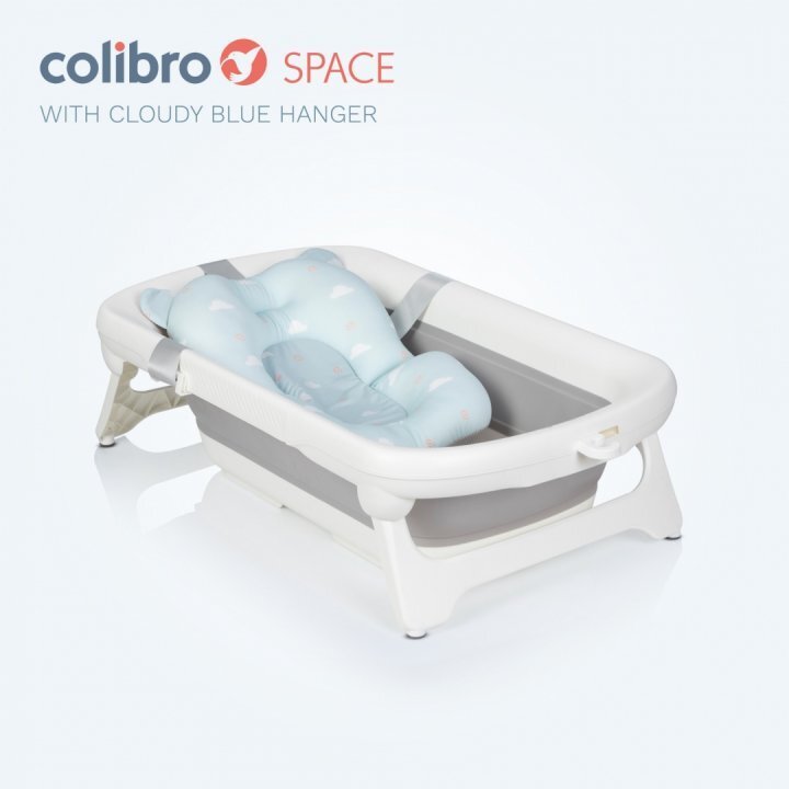 Colibro Set cadita pliabila pentru copii Space cu pernuta si termometru integrat dimensiune 84 x 48 cm capacitate 40L Cloudy Blue