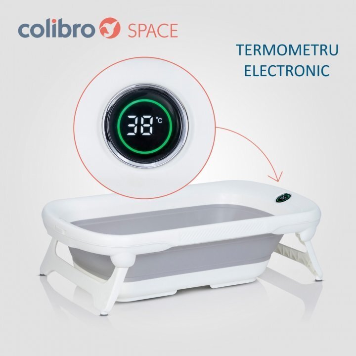 Colibro Set cadita pliabila pentru copii Space cu pernuta si termometru integrat dimensiune 84 x 48 cm capacitate 40L Cloudy Blue