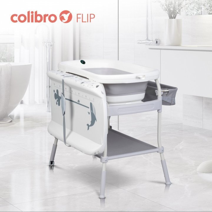 Colibro Set de baie 2 in 1 cu Masuta de infasat si Cadita de baie Flip cu termometru inaltime reglabila doua roti cu frane dimensiune 105 x 84 x 58 cm