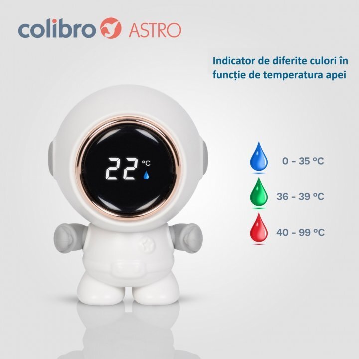 Colibro Termometru 3 in 1 pentru baie camera si jucarie cu display LED model Cosmonaut cu brate mobile dimensiune 5.5 x 7 cm