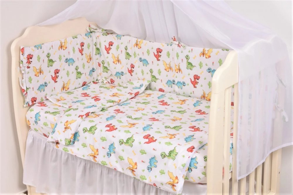 Confort Family Lenjerie 3 piese model Dinozauri + Protectie impermeabila patut 120x60 cm