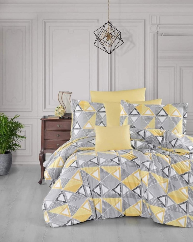 Confort Family Lenjerie din bumbac pentru pat dublu model forme geometrice cu galben