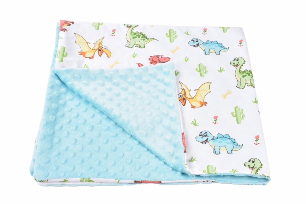 Confort Family Paturica din bumbac model dinozauri si plus minky bleu 80x80 cm