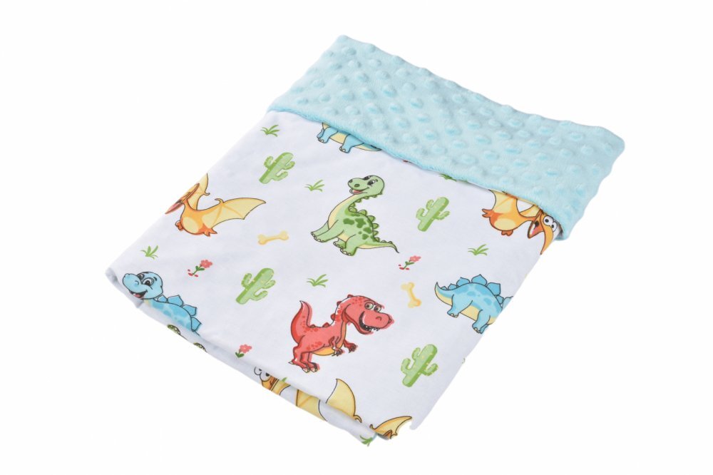 Confort Family Paturica din bumbac model dinozauri si plus minky bleu 80x80 cm