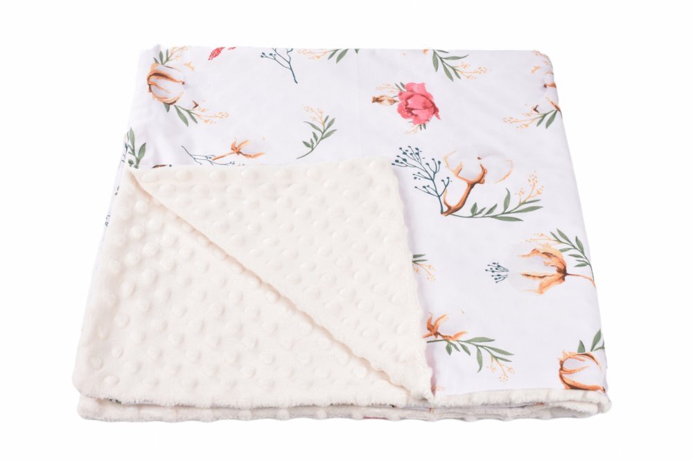 Confort Family Paturica din bumbac model flori de bumbac si plus minky crem 80x80 cm