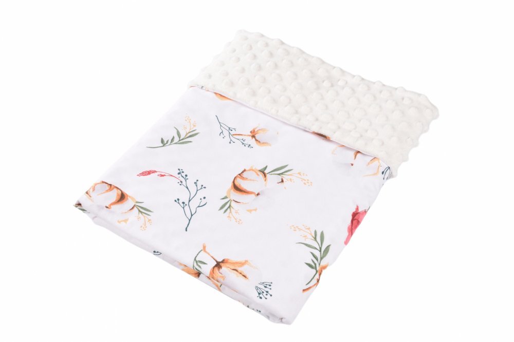 Confort Family Paturica din bumbac model flori de bumbac si plus minky crem 80x80 cm