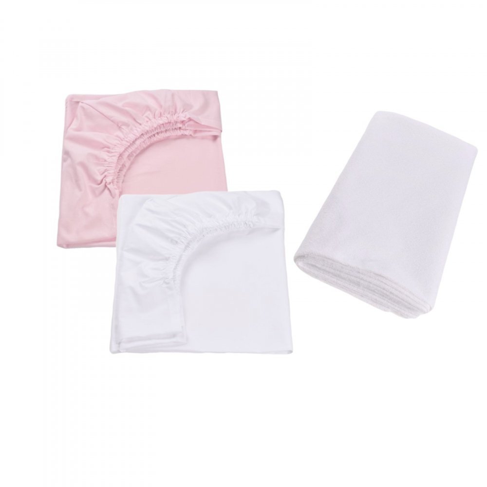 Confort Family Set 2 cearsafuri patut 120x60 cm din bumbac alb roz + protectie impermeabila