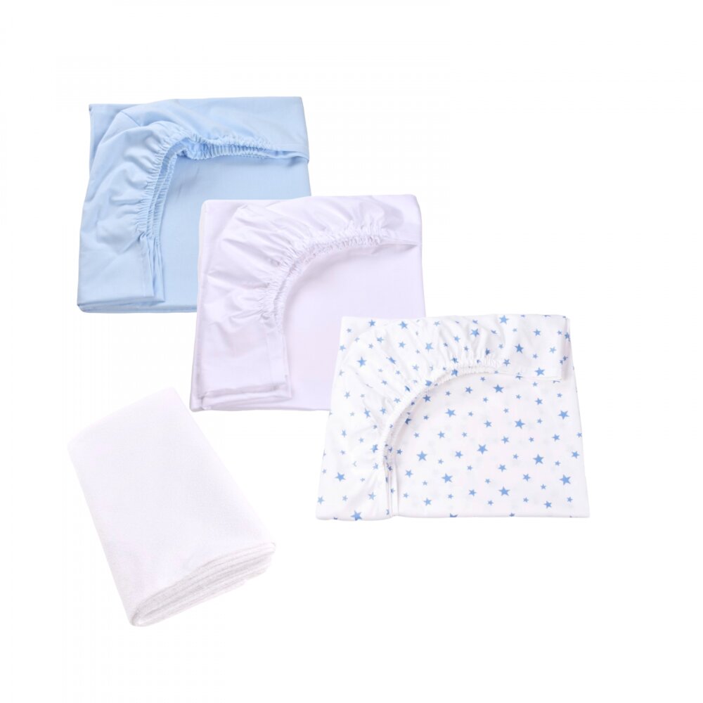Confort Family Set 3 cearsafuri alb bleu si model cu stelute + protectie impermeabila pentru patut 90x4050 cm