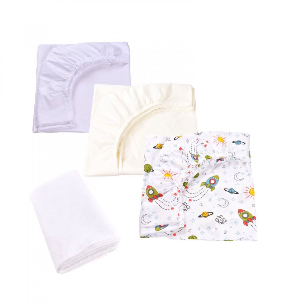 Confort Family Set 3 cearsafuri alb crem si model rachete + protectie impermeabila patut 90x4050 cm