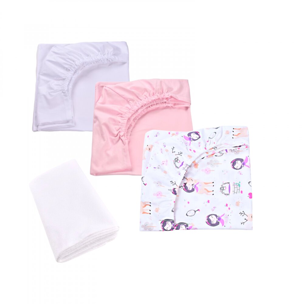 Confort Family Set 3 cearsafuri alb roz si model fetite + protectie impermeabila patut 90x4050 cm