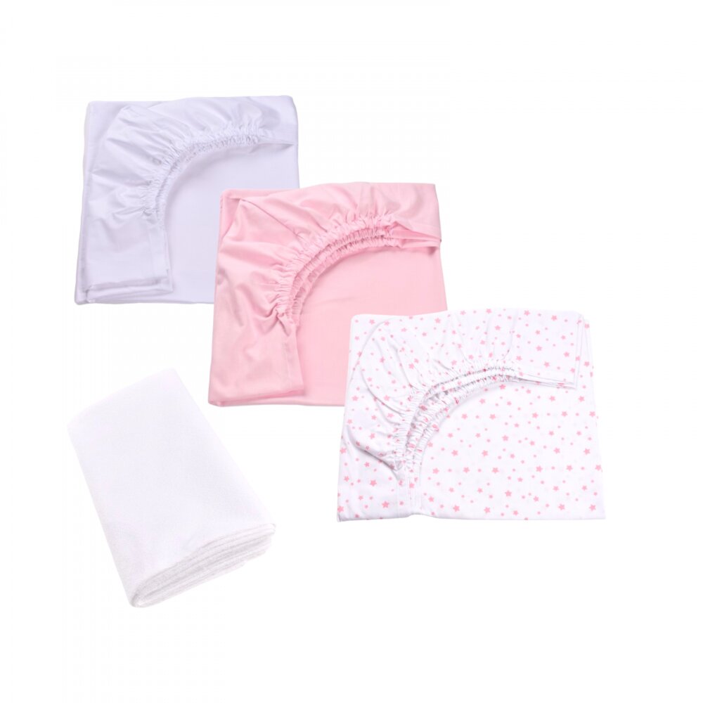 Confort Family Set 3 cearsafuri alb roz si model stelute roz + protectie impermeabila patut 90x4050 cm