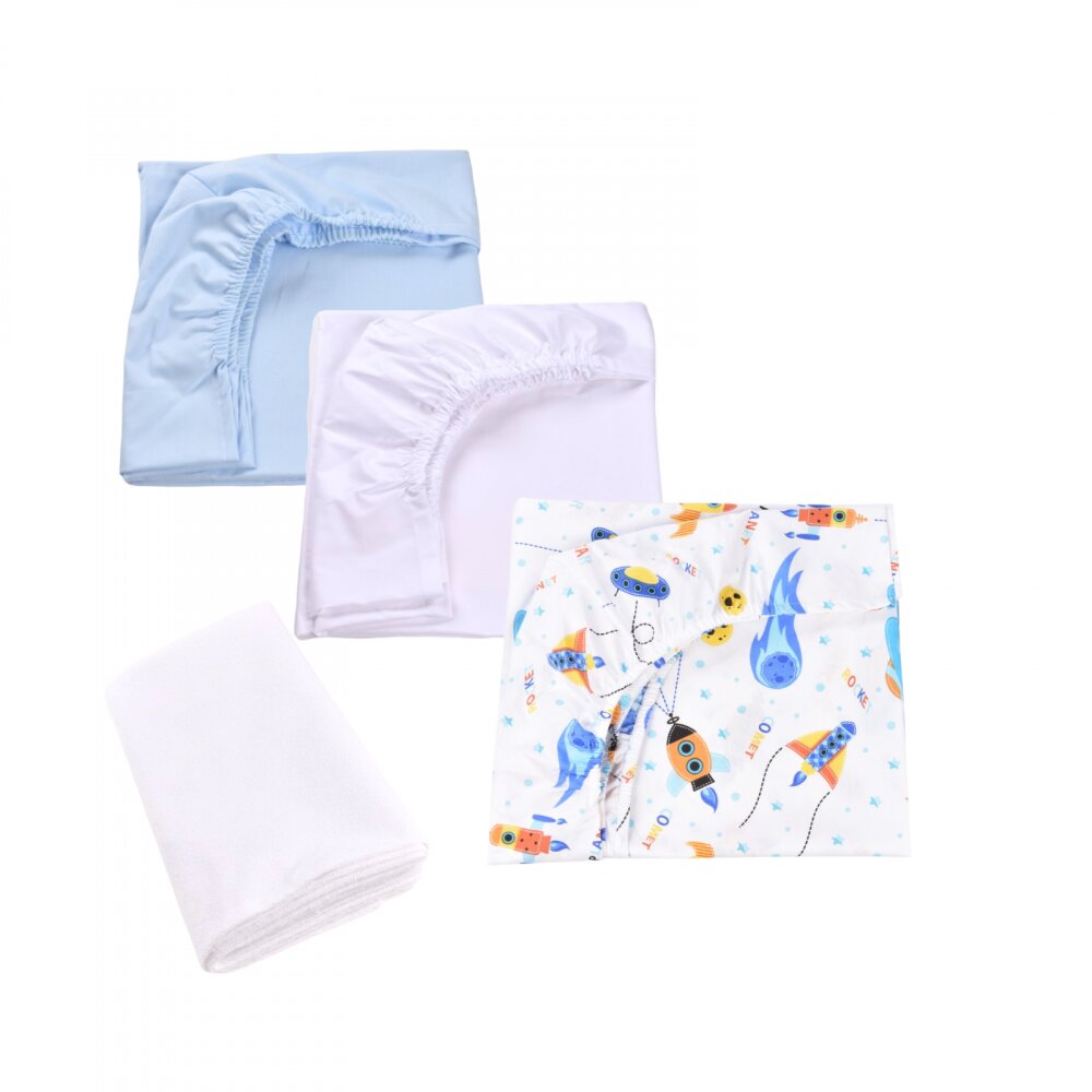 Confort Family Set 3 cearsafuri bleu alb si model rachete si planete + protectie impermeabila patut 90x4050 cm
