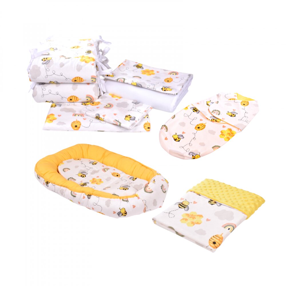 Confort Family Set complet 10 piese lenjerie aparatori babynest paturica model albinute patut 120x60 cm