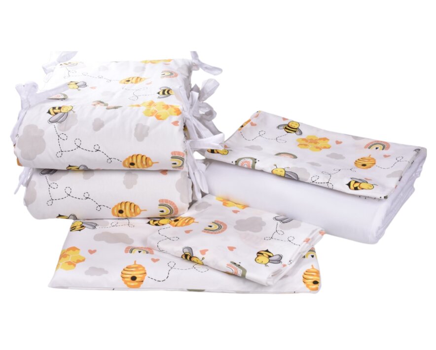 Confort Family Set complet 7 piese Lenjerie si aparatori patut 120x60 cm din bumbac model albinute