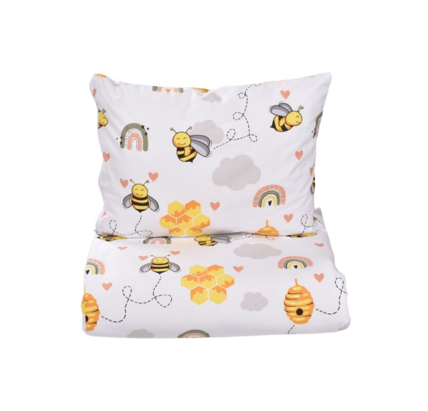 Confort Family Set complet 7 piese Lenjerie si aparatori patut 120x60 cm din bumbac model albinute