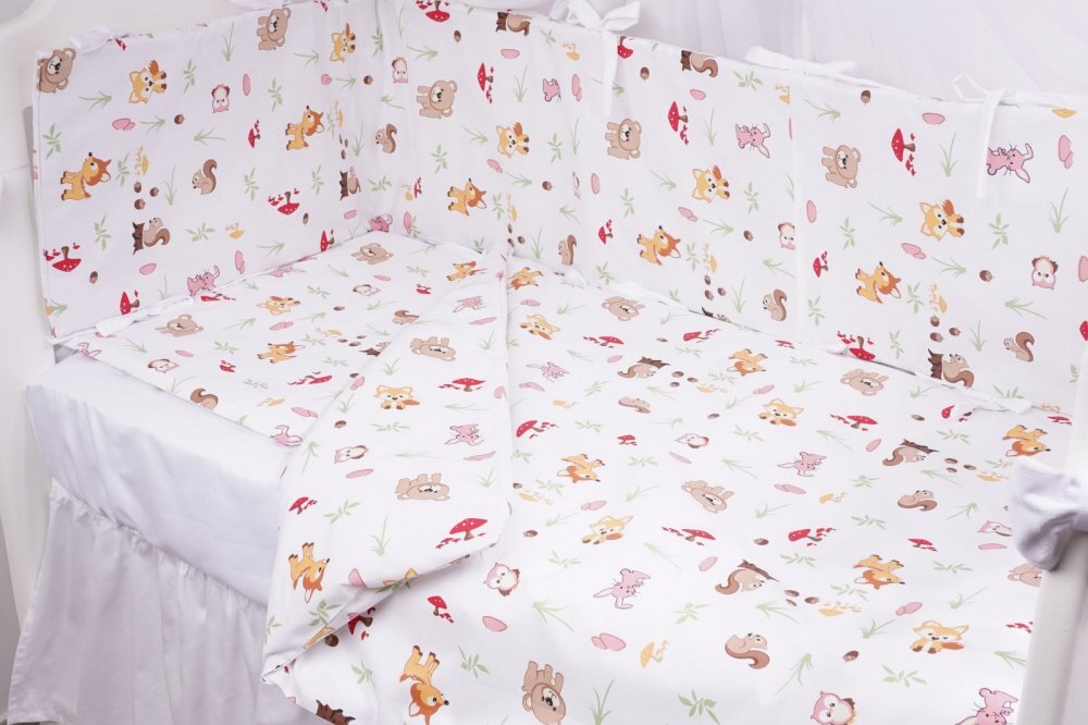 Confort Family Set complet 7 piese lenjerie si aparatori patut 120x60 cm din bumbac model animalute si ciuperci