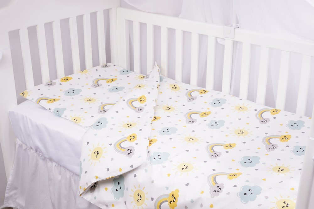 Confort Family Set complet 7 piese lenjerie si aparatori patut 120x60 cm din bumbac model curcubee si norisori