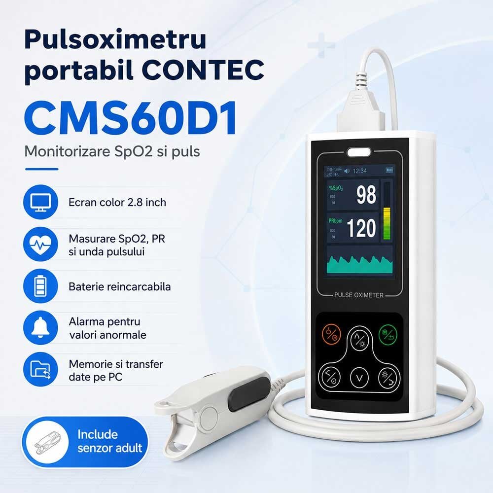 Contec Pulsoximetru portabil CMS60D1 masurare saturatie oxigen si rata pulsului baterie reincarcabila software pentru date stocate pe PC in timp real functie alarma senzor adulti