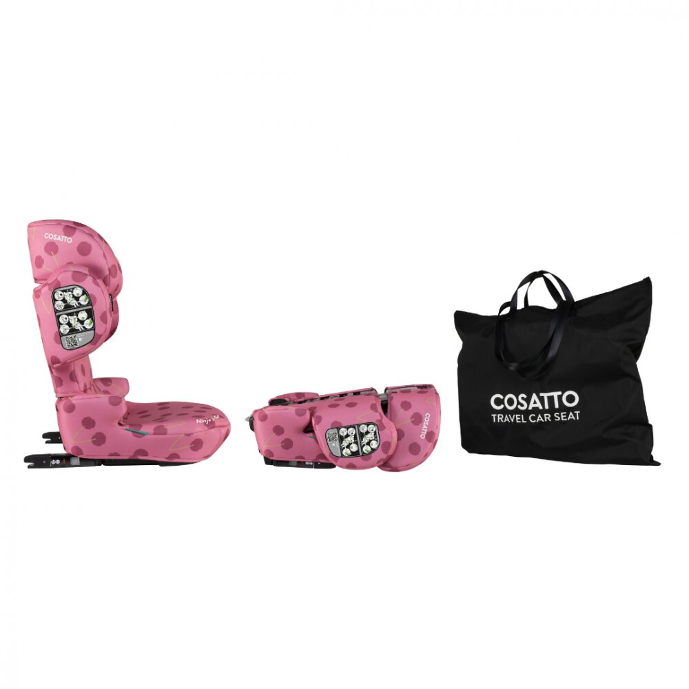 COSATTO Scaun auto Ninja i-Go Cherry Pie 100x150 cm i-Size pliere compacta material eco tetiera reglabila huse detasabile geanta de transport