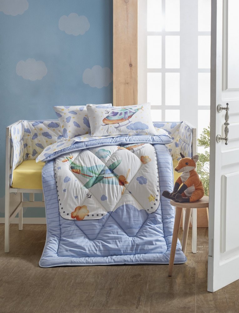 Cotton Box Lenjerie patut cu 6 piese Baby Ranforce Airplane Blue