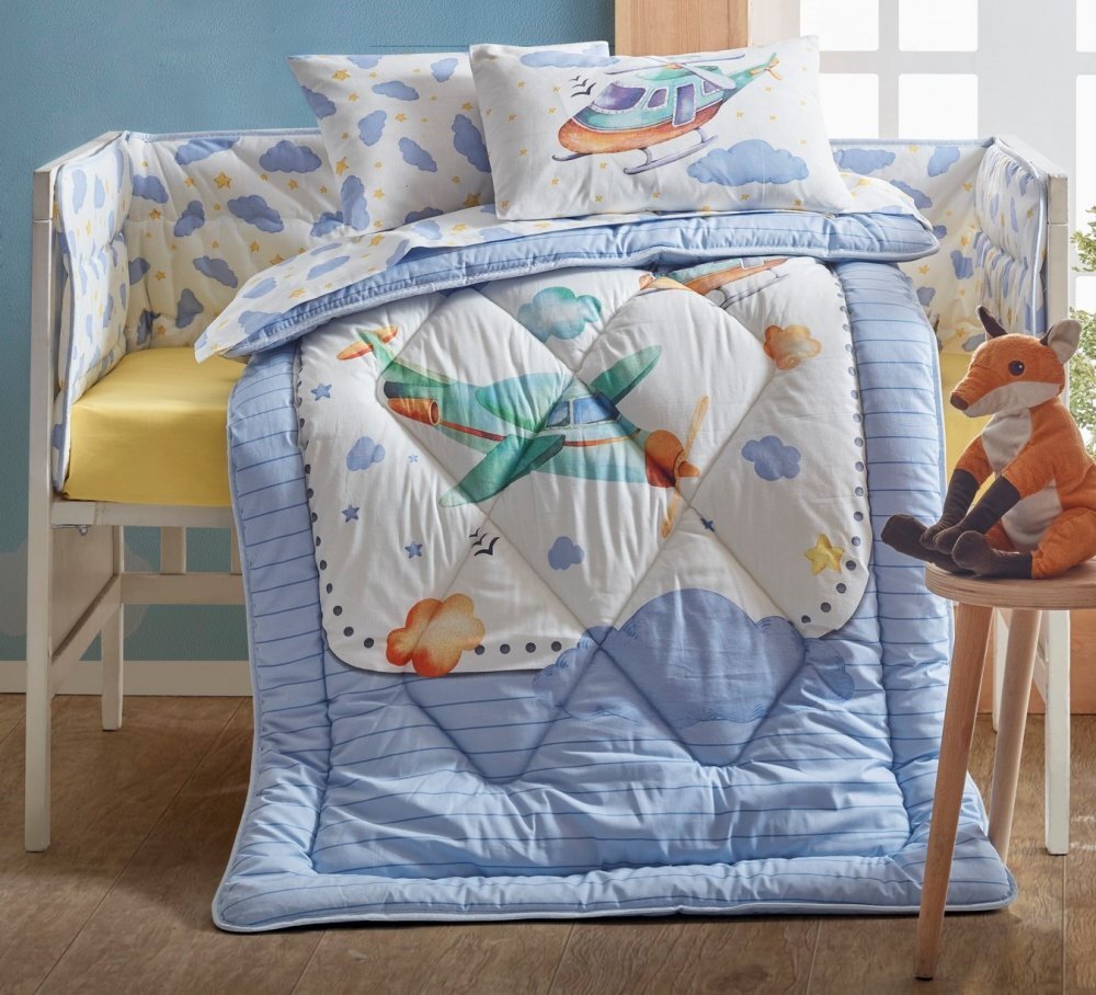 Cotton Box Lenjerie patut cu 6 piese Baby Ranforce Airplane Blue
