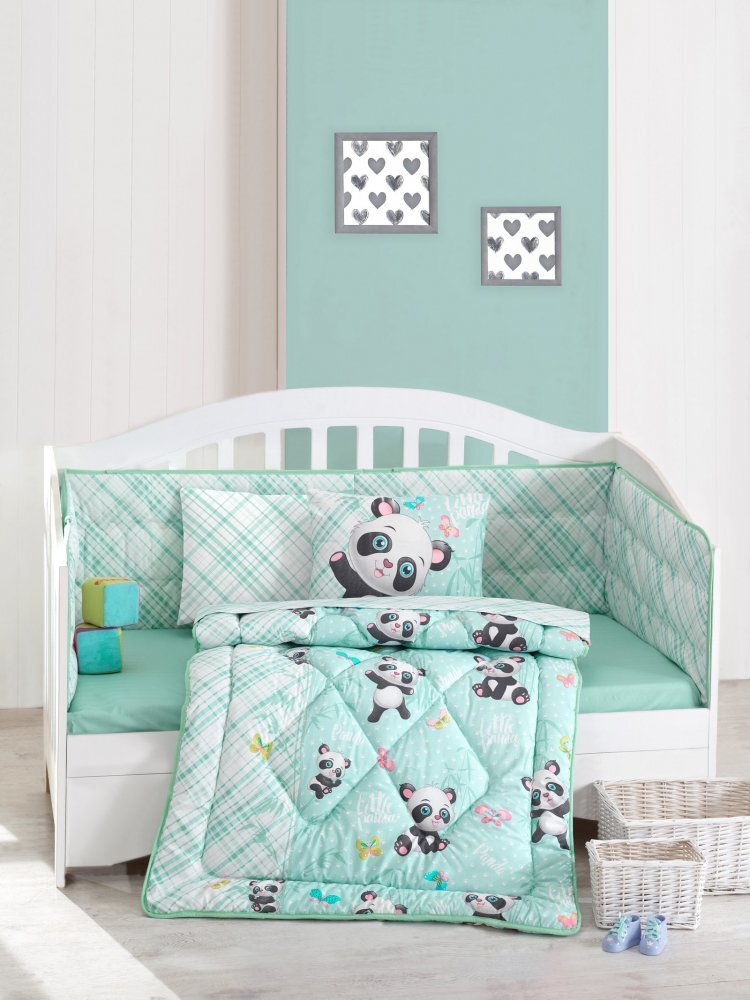 Cotton Box Lenjerie patut cu 6 piese Baby Ranforce Panda Mint