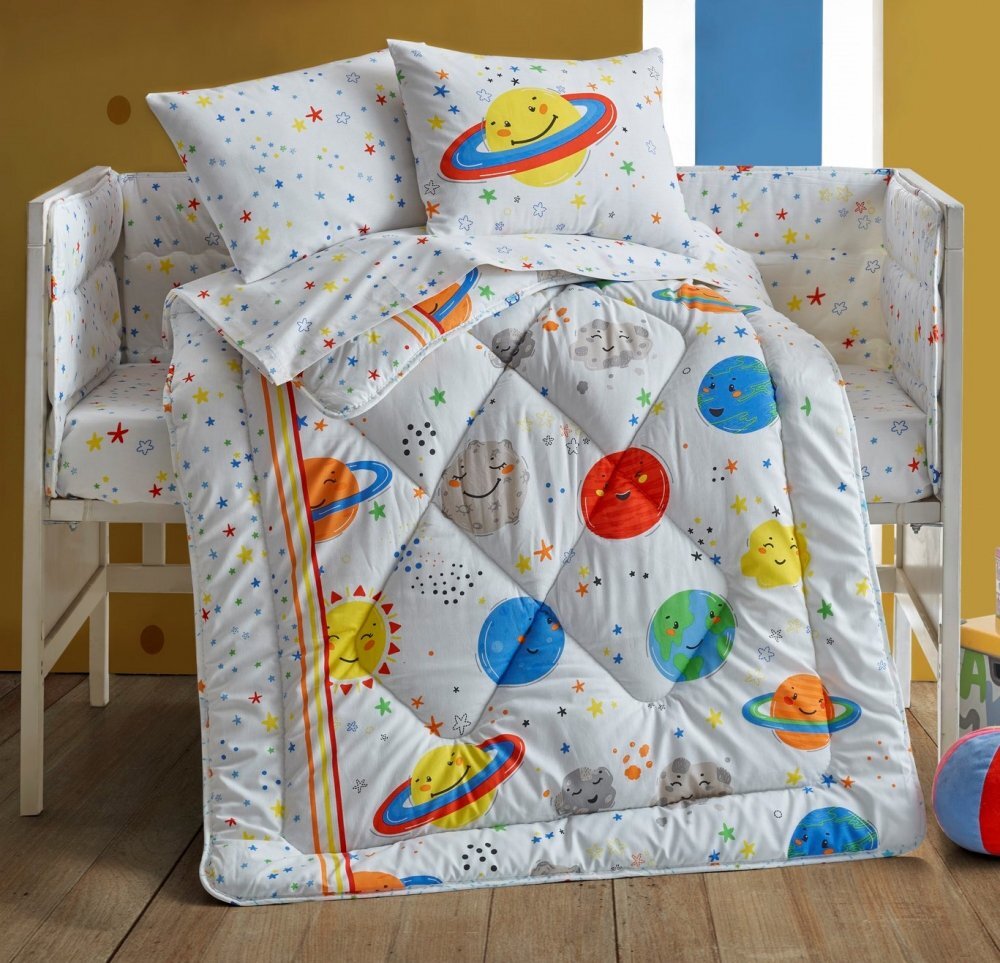 Cotton Box Lenjerie patut cu 6 piese Baby Ranforce Planet White